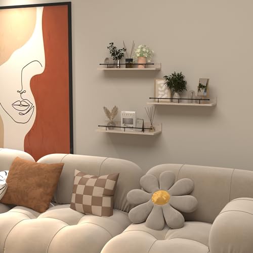 Lyeasw Wall Shelves with Black Metal Guardrail, 16 Inch Beige Floating Shelves for Bedroom Bathroom Kitchen Living Room, Set of 3 in Different Sizes - Thumbnail 5
