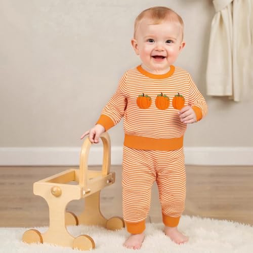 Toddler Baby Boy Girl Halloween Outfit Fall Winter Clothes Waffle Striped Pumpkin Sweatshirt + Jogger Pant Set3