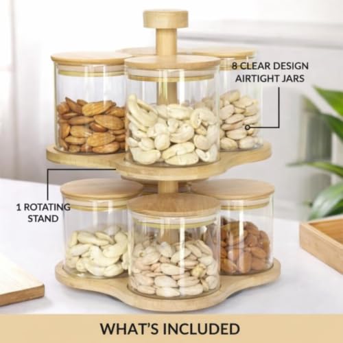 Image of Borosilicate Glass Storage Jar Set with 360 Rotating Bamboo Stand Set of 8, 350ml Airtight Glass Containers with Bamboo Lids, 2-Tier Dry Fruit Storage Organizer for Nuts, Snacks, Spices