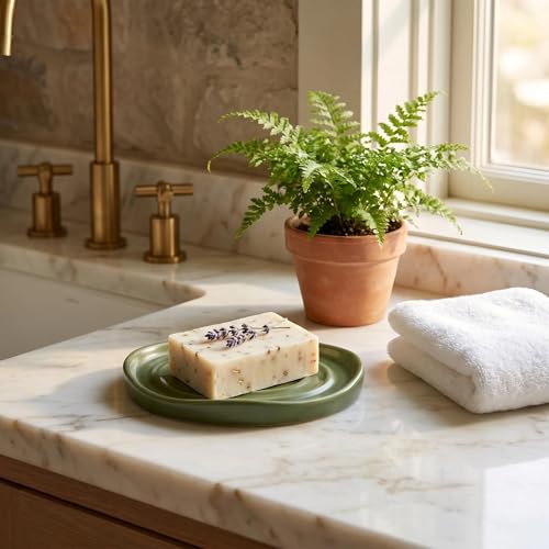 Image of Ceramic Soap Dish with Swirl Grooves, Easy to Clean Soap Holder, Soap Saver Tray for Bathroom, Kitchen & Shower (Green)