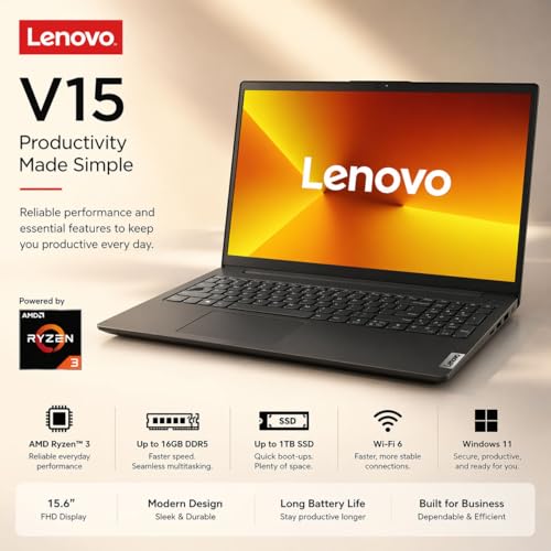 Image of Lenovo Business Laptop, 15.6 inch FHD Display, AMD Ryzen 3 CPU, 16GB DDR5 RAM, 1TB SSD, Wi-Fi 6, Windows 11 Pro with Microsoft 365 for the Web