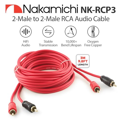 Image of Nakamichi RCA Oxygen Free Copper (OFC) Cable 2-Male to 2-Male Audio Stereo Subwoofer Auxiliary Cord for Home Theater HDTV Amplifier Hi-Fi Systems Car Speakers Receiver 3-Meter (9.8-Feet)