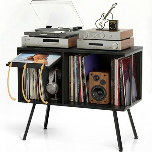 Image of Faesun Flip Top Record Player Stand, Large Turntable Stand Holds up to 150+ Albums, Vintage Mid Century Record Player Table, Stereo Cabinet with Open Storage, for Living Room, Bedroom, Black