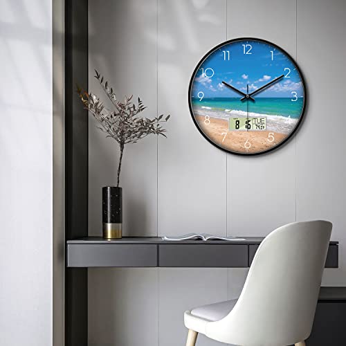 Modern Wall Clocks with Calendar and Date Ocean Wave Sea Beach Digital Clock Large Display Non-ticking Kitchen Silent Clock With Day and Temperature for Elderly Farmhouse Living Room Bathroom 12 Inch - Image 5