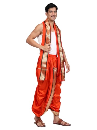 Image of Rameshwaram Fabrics Readymade Dhoti for Men, Velcro Style Stitched Mens Silk Dhoti Pant with Stole Set