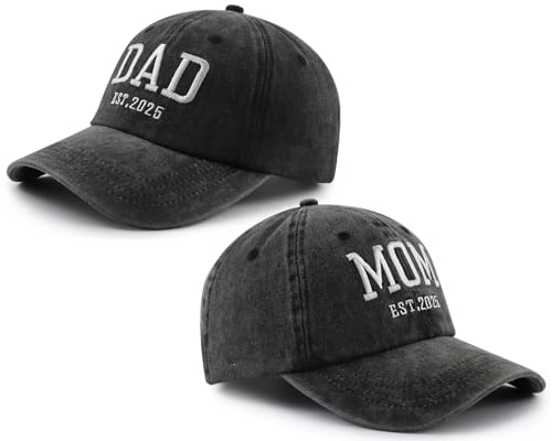 Image of 2PCS Mom and Dad EST 2025 Hat for Women Men, Funny Adjustable Cotton Embroidered New Parents Gifts Baseball Cap