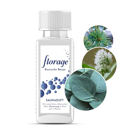 Florage 100ml Saunaaufguss RUSSISCHE BANJA - 50 Jahre Erfahrung als deutsche Duftmanufaktur, hochergiebiges Aufgussmittel für die Sauna, viele Aufguss Düfte, vegan und ohne Tierversuche, auch als Set