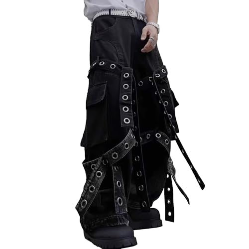 XYXIONGMAO Men's Gothic Baggy Wide Leg with Adjustable Straps Multi-Pockets Punk Techwear Y2K Streetwear Cargo Pants for Men