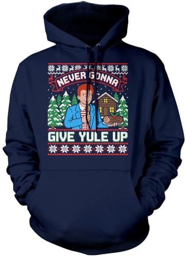Image of HotScamp Retro Christmas Hoodie for Men and Women – Never Give Yule Up Slogan Hooded Sweatshirt - Xmas Sweater Funny 80s Rick One Hit Wonder Hoody Christmas Jumper Day - L Navy