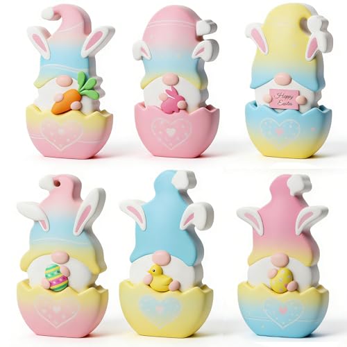 Easter Decorations - 6 PCS Bunny Gnome Wooden Table Decor, Freestanding Rustic Centerpiece Happy Easter Decor, Spring Decorations for Home Mantel Office Desk Tray (Macaron Style)