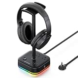 TROND Headphone Stand with USB C, Desk Gaming Headset Holder with 3 AC Outlets, 2 USB-A and 1 USB-C, Headset Stand with 5 RGB Light Modes, for Gaming Desk Accessories Gamer Boyfriend Gifts