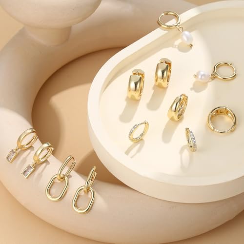 BESTEEL 13 Pairs Small Gold Hoop Earrings Set for Women 14K Gold Plated Lightweight Huggie Hoops Hypoallergenic Pearl Dainty Stud Hoop Earrings for Gift, Gold