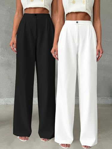 Image of Toochki Trousers for Woman Pants Women's Formal Office Korean | Beige Track Pant | Straight | Cotton Spandex Stretchable Trouser | High-Waisted Bottom Wear | Pack of 2 Combo