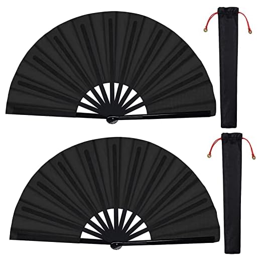 baotongle 2 Stück Große Faltbare Seide Hand Fächer Chinesischer Tai Chi Faltender Handfächer Nylon Tuch Chinesischer Kung Fu Fan mit Halter Ärmel für Performance Tanz Dekorationen Festival (Schwarz)