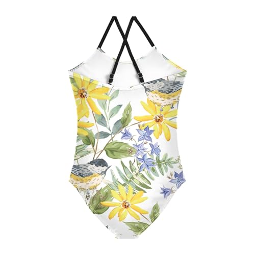 Girls One Piece Swimsuits Chickadee Birds Yellow Daisy Flowers Sport Halter Swimwear Beach Bathing Suit, 3T2