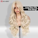 WIGNEE Długa falowana peruka 61 cm zasłona grzywka peruka z realistyczną linią włosów, syntetyczna długa peruka blond z grzywką, naturalne falowane peruki dla czarnoskórych kobiet, do codziennego