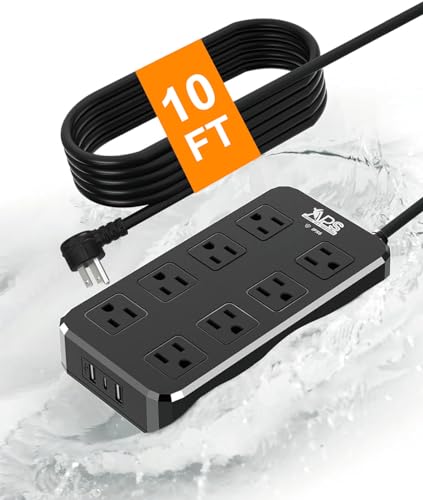 Image of QIYUAN IPX6 Waterproof Outdoor Power Strip, Overload Protector with 8 Outlets & 3 USB Ports (2A1C), 10FT Flat Plug Extension Cord for Garden Patio - Fireproof ABS, Black