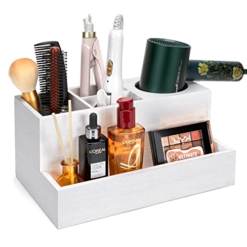 Hair Tool Organizer, Wooden Blow Dryer Holder Storage, Hair Accessories Product Styling Tools Dryer Organizer for Bathroom Countertop (Weathered White)