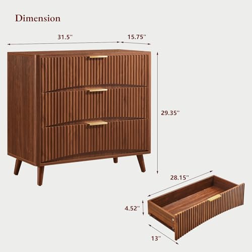 Image of Evermagin 31.5 inch W Larged Fluted Nightstand, Mid Century Modern 3 Drawer Night Stand, Small Wood Dresser for Bedroom, Wide Oversized Bedside Table, Walnut