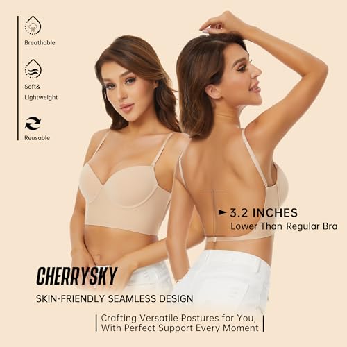Low Back Bras for Women-Seamless Invisible Backless Bra-Lightly Lined Demi Multiway Bra No Show Low Cut Halter Bras3