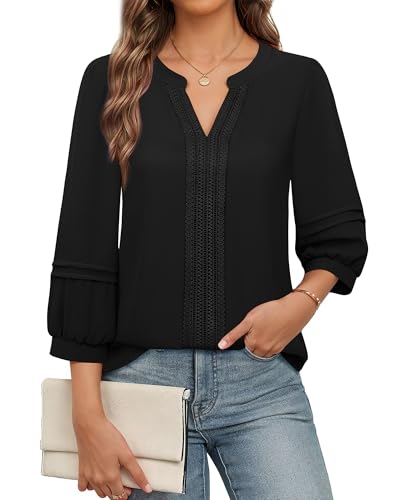 Unixseque Womens Casual Blouses 3/4 Sleeve V Neck Business Tops Ladies Trendy Office Work Shirts