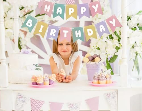 Image of Runhiskii Pastel Happy Birthday Banner, Rainbow Birthday Bunting Sign for Women Girls Boys Birthday Party Decorations, Reusable Girls Party Backdrop Light Pink Blue Purple Yellow