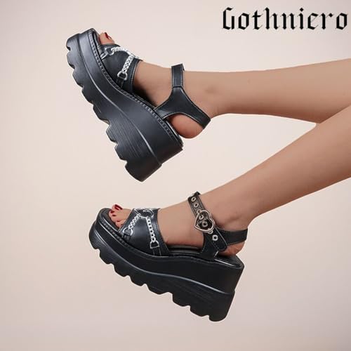 Image of Gothniero women black platform sandals goth chunky wedge heel summer sandals girls gothic punk platform sandals for women metallic spider buckles slides size 5.5-11