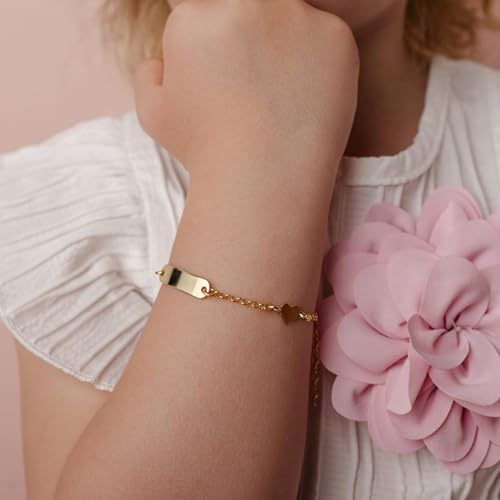 Sakrami Bracelet en Argent 925 Plaquette Gravée pour Enfants avec Fleur et Coeur + Boîte Cadeau Personnalisée - Bracelet de Naissance Communion ou Baptême – vue 4