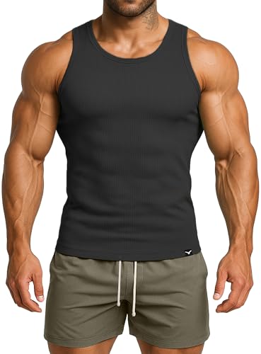 Men's Ribbed Workout Tank Tops Fitness Muscle Gym Tanks Sleeveless Bodybuilding Shirts