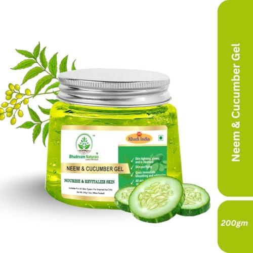 Image of Khadi Organic Neem Cucumber Aloe Vera Gel - Refreshing Skin Relief & Deep Hydration By Bhudevam naturals | Aloe Vera Gel for Dry Skin & Hair | Organic Moisturizing Gel for Women & Men - 200gm