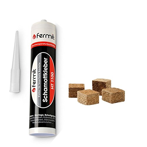 Fermit Schamottkleber beige Temperaturbeständigkeit: über +1100C und 4x Anzündwürfel aus Holzfaser und Pflanzenöl Brenndauer ca. 8 Min. (Schamottkleber beige 310 ml)