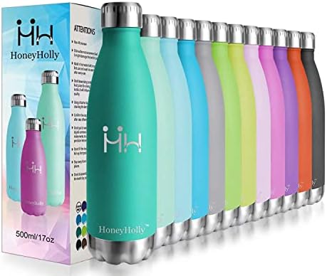 HoneyHolly Stainless Steel Water Bottle 500 ml, Double Walled Vacuum Insulated, Bpa Free, 12 Hours Hot/24 Hours Cold, Reusable Leakproof Water Bottles for Kids, Kitchen, Home, School, Cafe