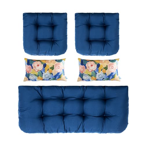 ARTPLAN 5pc Loveseat Patio Cushions Bench Seat Pads Pillows Classic Blue