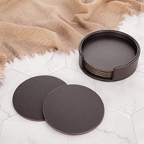 lovingmona Drink Coasters Set of 6 Brown PU Leather Coasters with Holder Round Mug Coaster Mats for Coffee Beer Tea Mug Wine Pub Home Kitchen Use Housewarming Gifts
