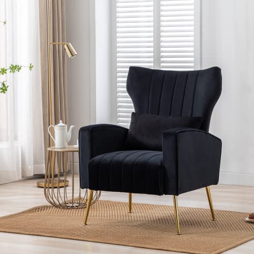 Chairus Wingback Velvet Accent Chairs Set Of 2, Modern Living Room Armchairs Comfy Upholstered Single Sofa Chair For Bedroom Dorms Reading Reception Room With Gold Legs & Small Pillow, Black #TOP1