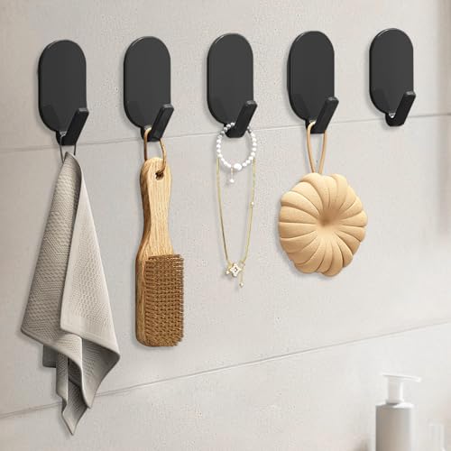 5 Pack Adhesive Hooks, Heavy Duty Stick Hooks for Hanging, No Drill Mount Wall Hooks for Bathroom Kitchen Shower Towel Key(Black)