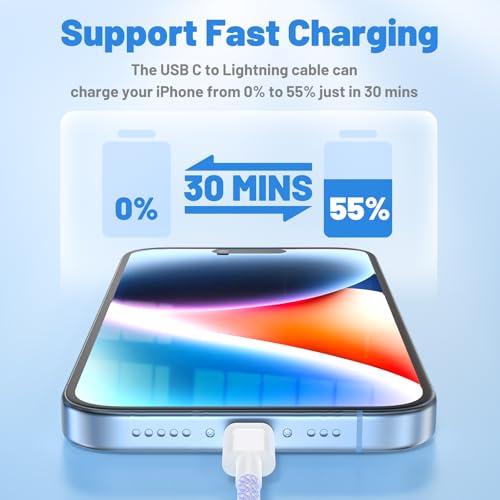 Image of USB C to Lightning Cable 2Pack 6FT+10FT,[Apple MFi Certified] Nylon Braided iPhone Fast Charging Cable, Power Delivery Charging Cord for iPhone 14 13 12 11 Pro Max /XS /Max /XR /8 /7,Pad Air /Pro,Purple