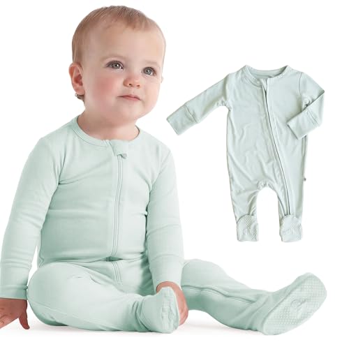 Image of Caden Lane Zippered Baby Footie Pajamas, Soft Onesie Bodysuit with Feet & Double Zipper for Easy Diaper Change, Infant, and Toddler Footed One-Piece Jumpsuit, Lily Pad Green, Newborn