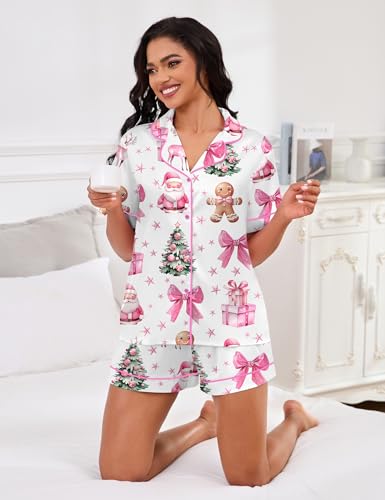 Image of SHESHOW Satin Pajamas for Women Set Preppy Animals Pjs Short Sleeve Shorts 2 Piece Loungewear Sets XS-XXL