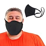 BLU HORN Cotton Breathable Face Mask - Dual Layered Reusable Full Face Mask for Men & Women with Curved Shape, Adjustable Loops & Lanyard - Black, X-Large