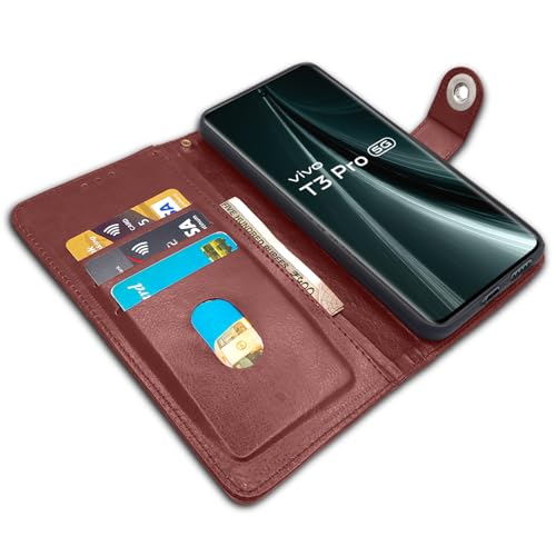 Image of Pikkme Flip Cover Leather Finish | Inside TPU with Card Pockets | Wallet Stand and Shock Proof | Complete Protection Button Flip Case for Vivo T3 Pro 5G / iQOO Z9s Pro 5G (Brown)