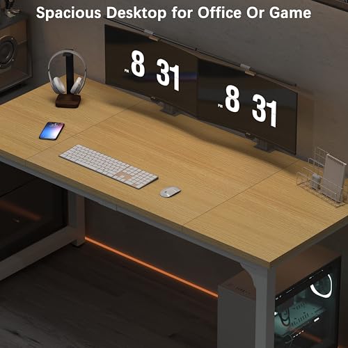 Image of NSdirect 63 inch Computer Desk,Large Home Office Desk Wide Workstation 1 inch Thicker Tabletop for Writing,Games and Home Work PC Desk Modern Finish Wood Board and Sturdy Steel Legs,Oak+White