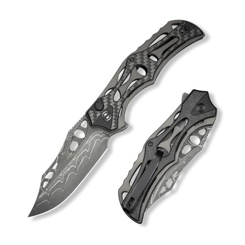 CIVIVI Pocket Knife for Men, Biophase Flipper Tactical Folding Knife, 3.48" Damascus Blade Aluminum with Carbon Fiber G-10 Handle, Lightweight Skeletonized EDC Knife for Camping Hunting, C23083C-DS1 - CIVIVI