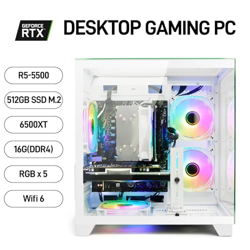 Image of LXZ Gaming PC Desktop Computer - Ryzen 5 5500, Radeon RX 6500XT 4GB, 16GB DDR4 RAM, 512GB NVME SSD, Prebuilt Tower PC for Home & Office Work Every Day Use (White)