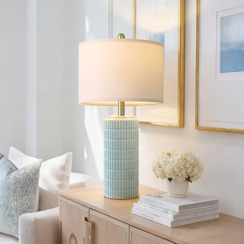Image of PoKat 23 inch Light Blue Table Lamps Set of 2, Modern Bedside Lamps for Bedroom, Coastal Ceramic End Table Lamps for Living Room, Ocean Nightstand New Home Decor Lamps