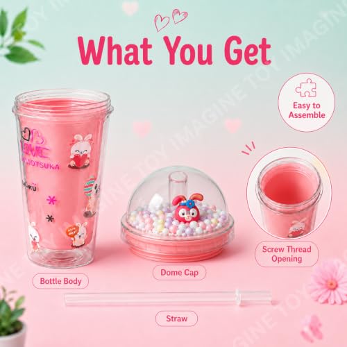 Image of Toy Imagine Bunny Glitter Tumbler for Kids, 550ml Double Wall Acrylic Sipper Cup with Straw & Dome Lid, BPA-Free Reusable Tumbler with Floating Beads for School, Travel & Gifts