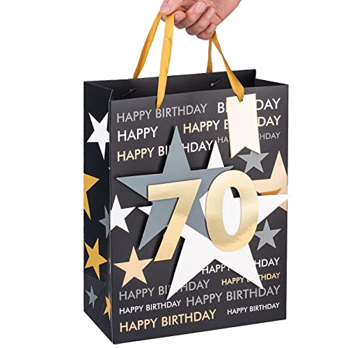 Image of Loveinside Birthday Gift Bag with Tissue Paper and Greeting Card for 70 Birthday - 13 inch x 10 inch x 5 inch, 1 Pcs, Black Gold