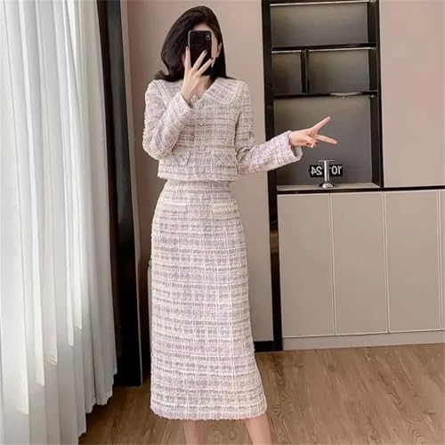 Women Elegant Tweed Tassel Edge High Waist Long Skirt Two Piece Suits3