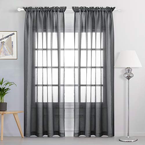 WONTEX Faux Linen Grey Sheer Curtains - Rod Pocket Semi Sheer Voile Curtains for Living Room and Bedroom, Set of 2 Curtain Panels, 55 x 84 inch Each Panel