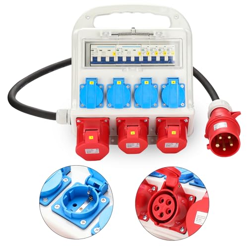 Herrselsam Baustromverteiler, 2x CEE 16A 400V+1x CEE 32A 400V+4x 230V Schuko mit 1,2m Zuleitung mit Leitungsschutzschalter, Baustelle Innen Außen